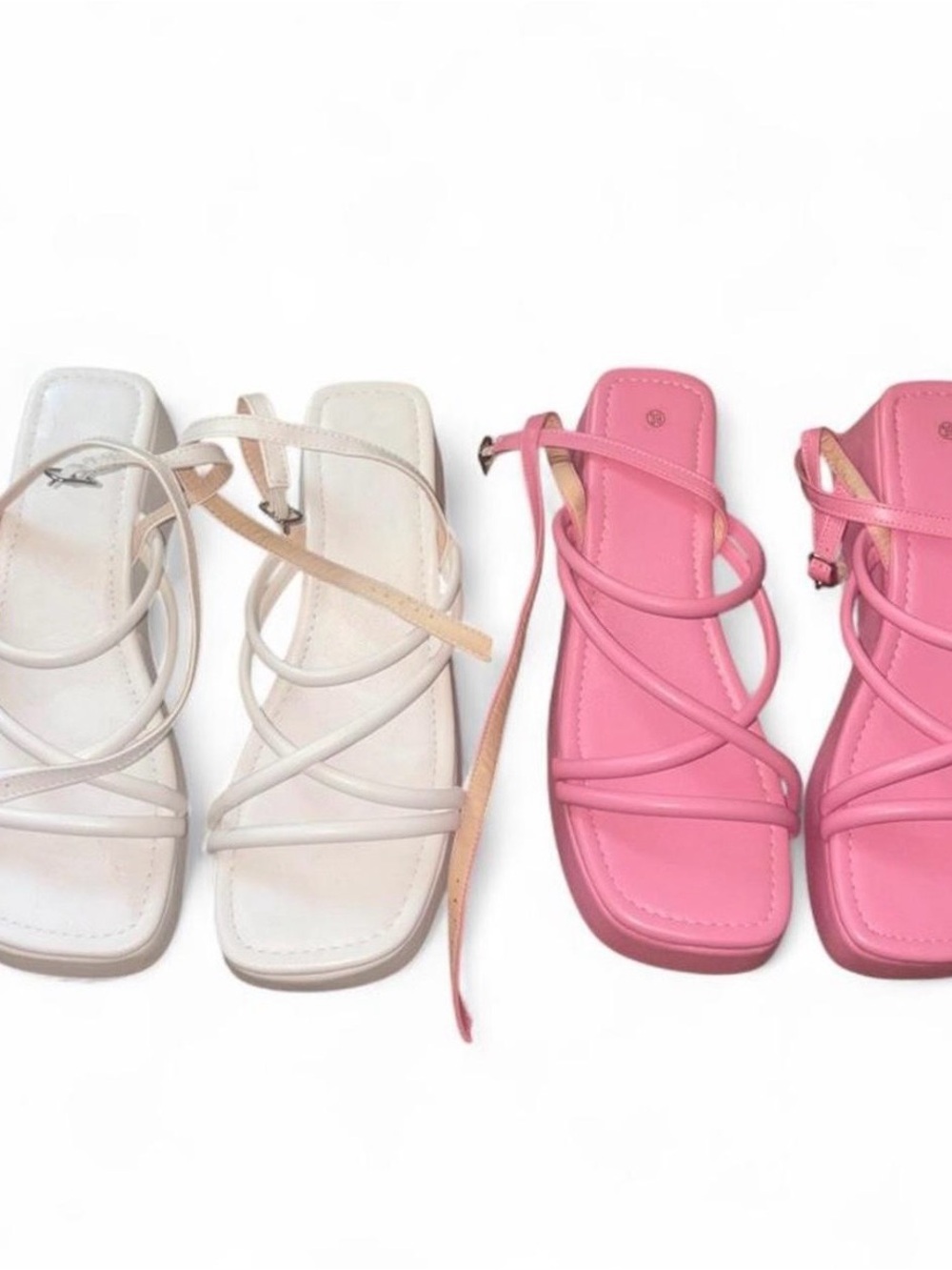 Strappy Square-Toe Sandals in White and Pink bundle